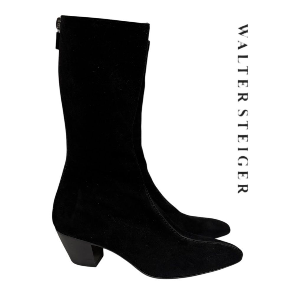 Walter Steiger Women's Black Suede Leather Full Zip Heel Boots 35